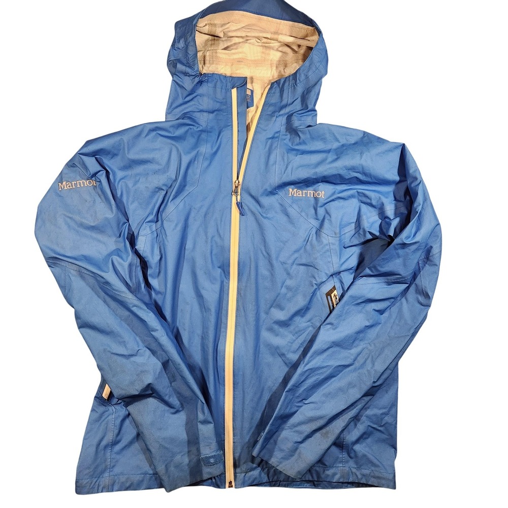 Marmot Blue Raincoat with Cream Trim